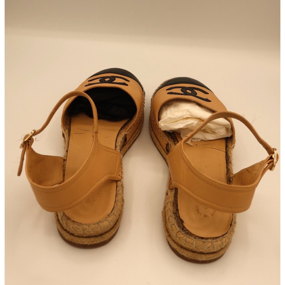 Chanel Classic Beige Black Leather Espadrille Ankle Strap Sandals Size 8 - Picture 4 of 8
